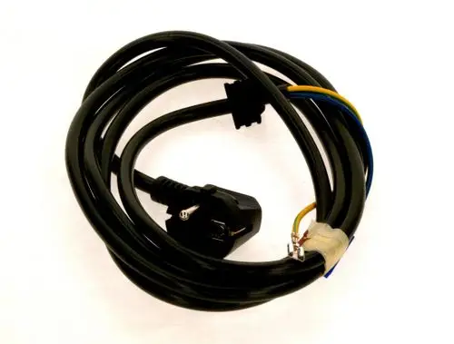 BOSCH-Netzkabel mit schwarzem Kabel, einem Stecker an einem Ende und mehreren Anschlüssen am anderen Ende, liegend auf einer hellen Unterlage.